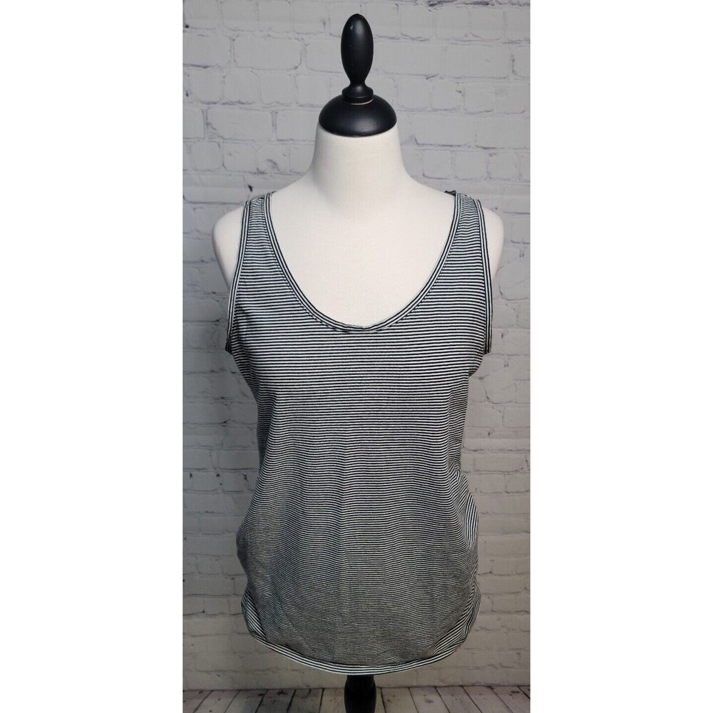 Motherhood Tank Top Sz L Black White Stripe Stretch Scoop Neck Side Ruching